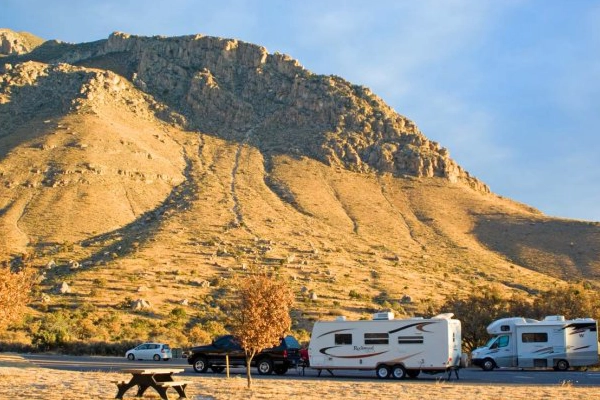A tent at the Pine Springs Campground with Guadalupe Peak in the background