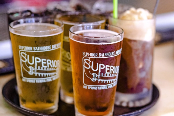A flight of craft beer brewed with thermal spring water at Superior Bathhouse Brewery