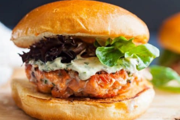 A salmon burger from the Savvy Salmon Shack food truck