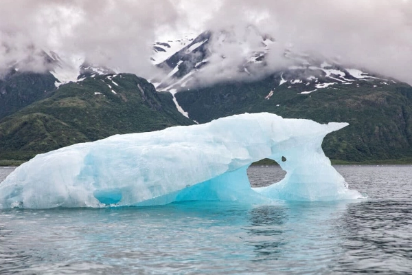 The Aialik Glacier calving a massive chunk of ice into the sea with a dramatic splash