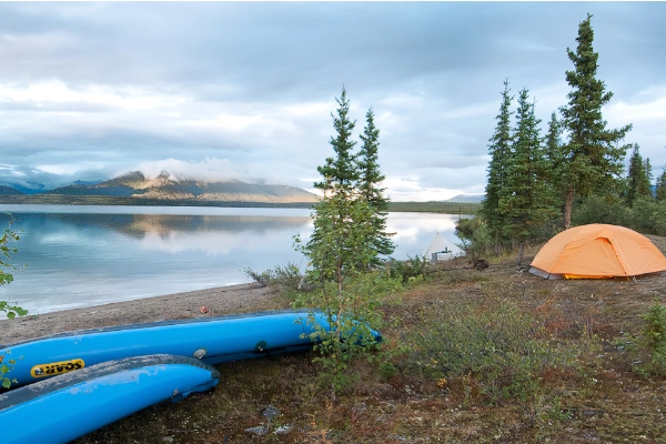 A remote tundra campsite at the Kobuk River Campground