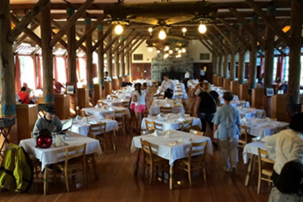 The dining room of the Paradise Inn with views of the mountain