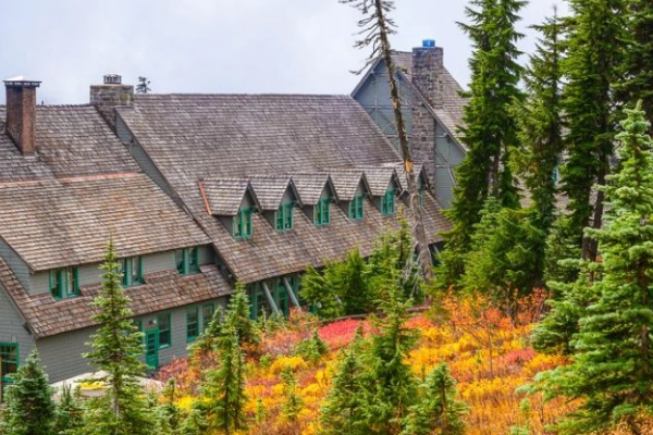 The historic and grand Paradise Inn at the base of Mount Rainier