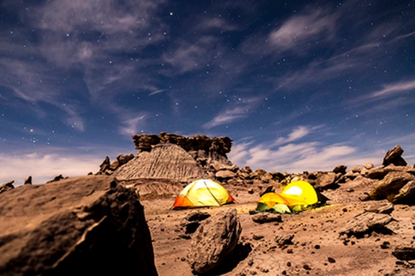 A tent pitched in a desert campground near petrified logs