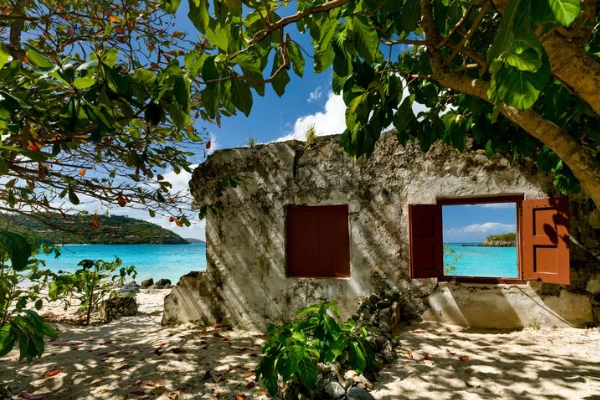 Simple, rustic cabins nestled in the trees near a beach