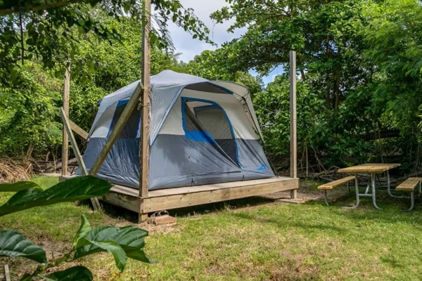 A tent pitched on a campsite right by a beautiful Caribbean beach