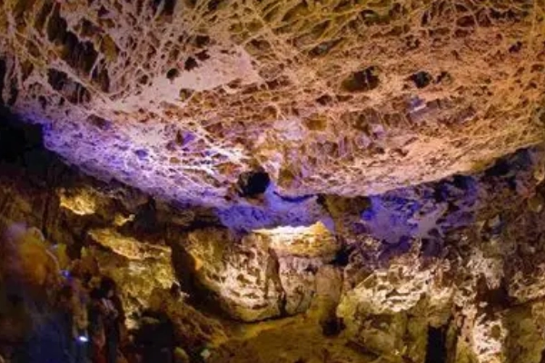 Tourists inside a cave looking at intricate boxwork formations on the ceiling