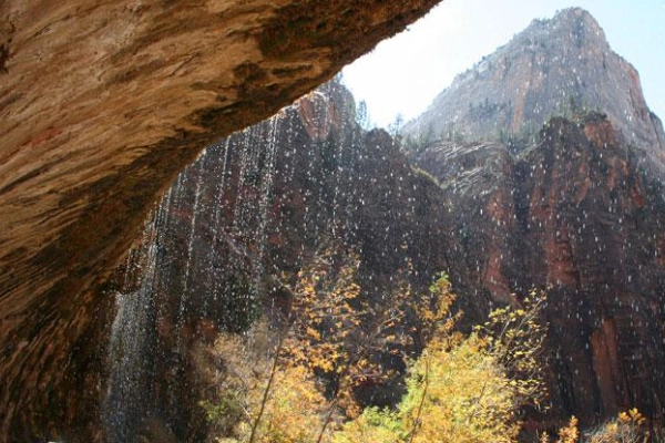 A cliffside spring where water drips from the rock face like tears